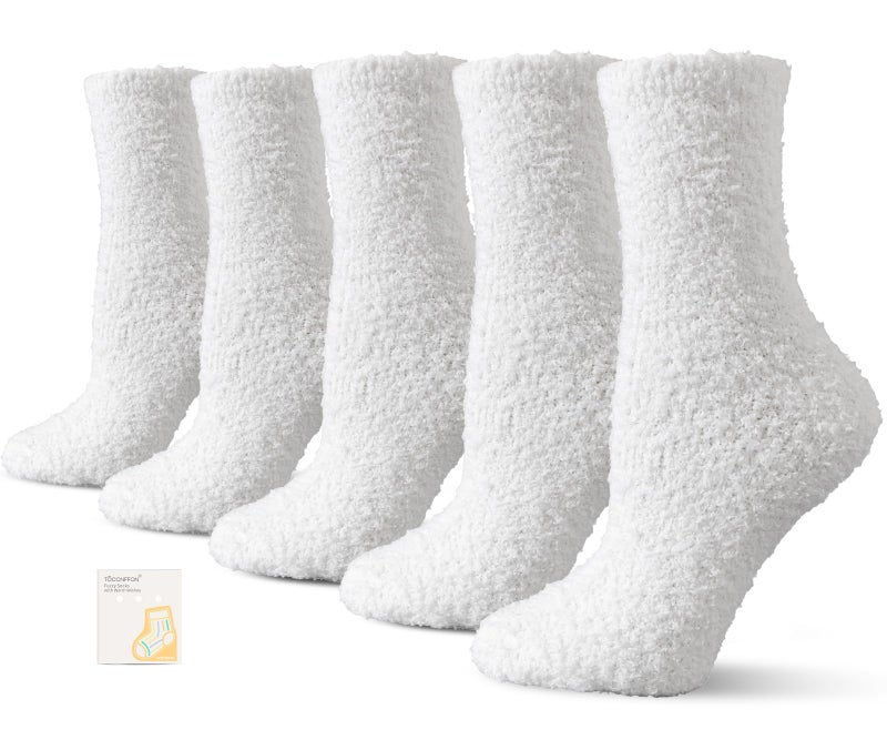 TOCONFFON Women's Cozy Fluffy Fuzzy Socks Plush Home Sleep Slipper Socks - Warm Cozy Gifts Ideas for Women 5,6,7,8 Pairs(5 White) - Image 1